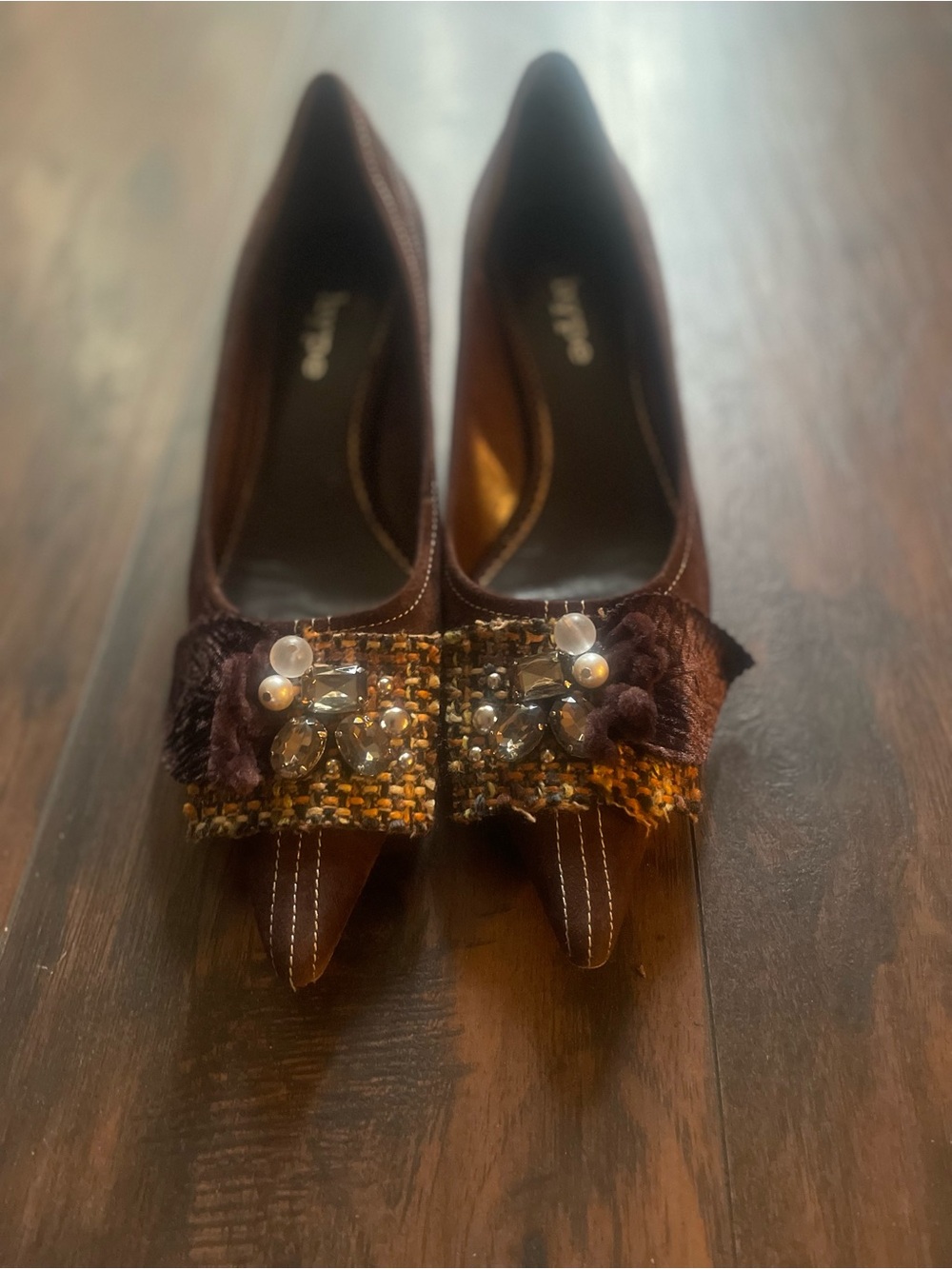 Hype Brown Pointed Toe Embellished Heels